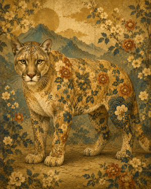 Chinoiserie Intricate Mountain Lion with Beautiful Classical Florals for Creating Balanced Diptych Gallery Wall Layouts - Matted Art Print