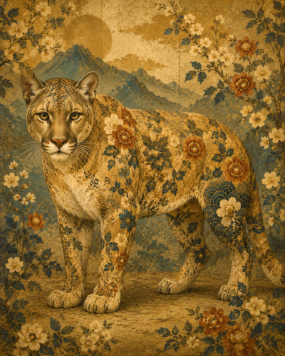 Chinoiserie Intricate Mountain Lion with Beautiful Classical Florals for Creating Balanced Diptych Gallery Wall Layouts - Matted Art Print