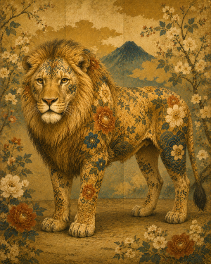 Chinoiserie Patterned African Lion and Botanical Landscape Scene with Intricate Flowering Trees and Vintage East Asian Art Aesthetics - Matted Art Print
