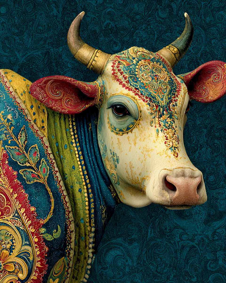 Chinoiserie Style Fine Art Bull Illustration Featuring Ornate Royal Patterns and Timeless Hand Painted Botanical Elements for Interior Designers - Matted Art Print