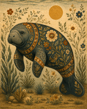 Chinoiserie Style Fine Art Manatee Illustration for Interior Designers - Matted Art Print