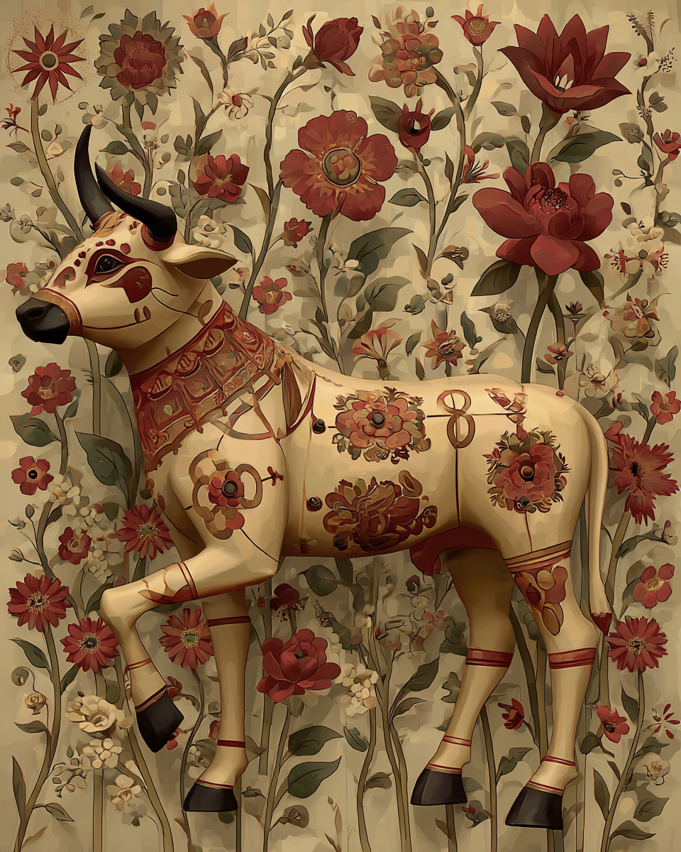 Chinoiserie Style Ornate Cow with Hand Painted Background Wallpaper - Matted Art Print