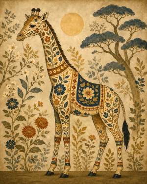 Chinoiserie Style Ornate Giraffe Bordered by Folk Art Forest Framing - Matted Art Print