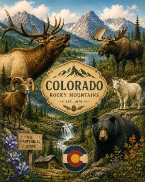 Colorado-Rocky-Mountain-Wildlife-Matted-Art-PrintQQElk-Moose-and-Alpine-Nature-Collage