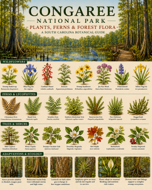 Congaree Swamp Plants Ferns & Forest Flora Chart Matted Art Print - South Carolina Botanical Guide