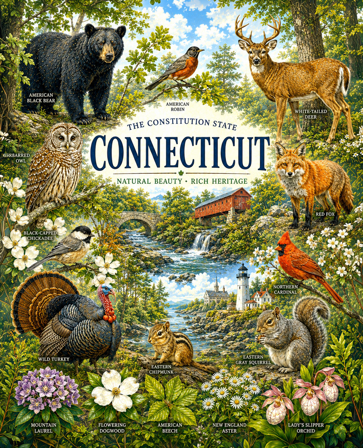 Connecticut-Woodland-Wildlife-Collage-Matted-Art-PrintQQNew-England-Nature-Wall-Art