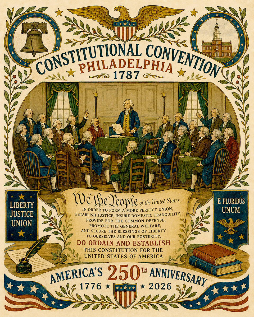 Constitutional Convention Philadephia Historic Folk Art Matted Print - America's 250th Anniversary