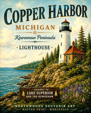 Copper Harbor Michigan Keweenaw Peninsula Lighthouse Matted Print - Wholesale Northwoods Souvenir Art