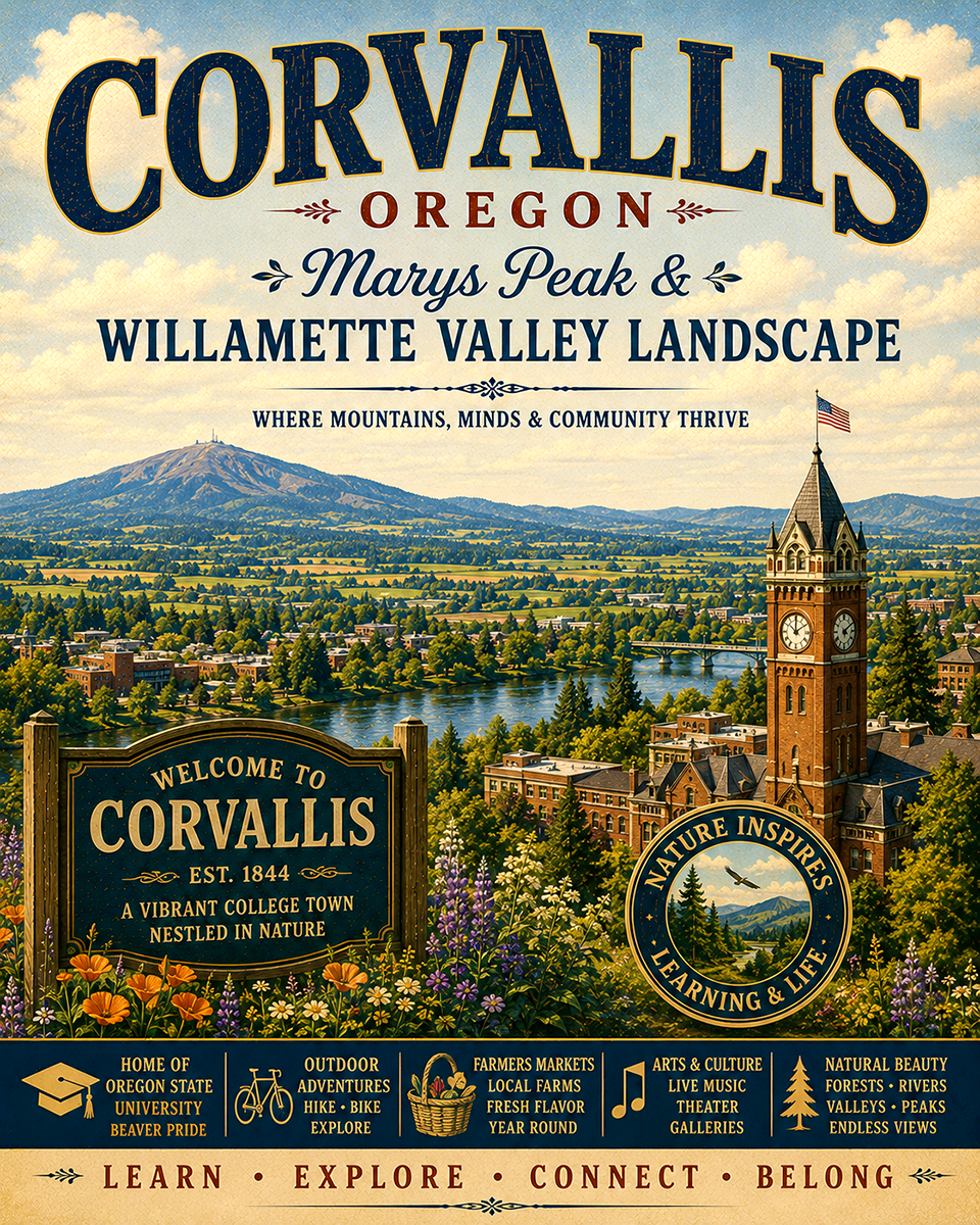 Corvallis Oregon Marys Peak & Willamette Valley Landscape Matted Print - Wholesale College Town Art