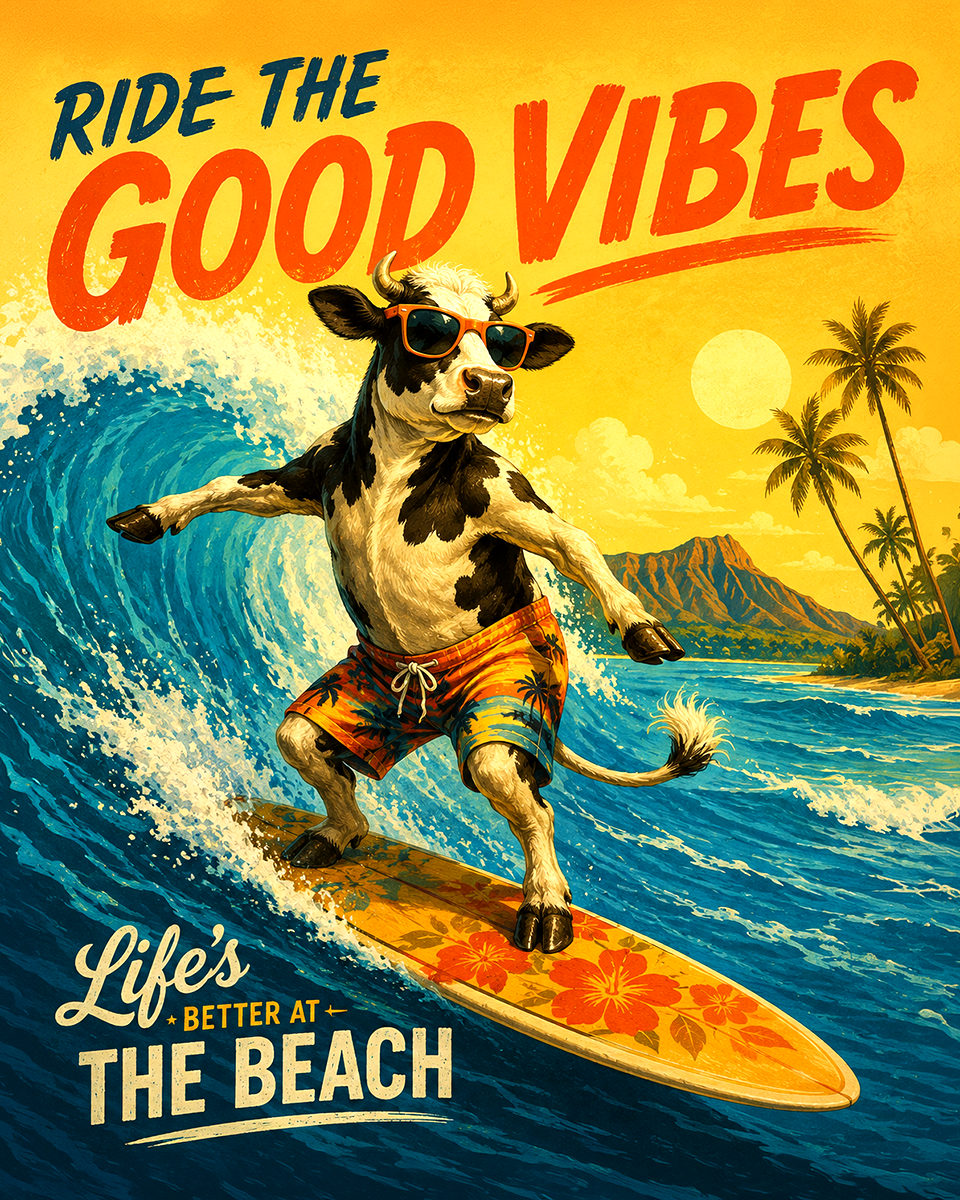 Cow Catching a Wave Matted Art Print - Wholesale Fun Summer Souvenir
