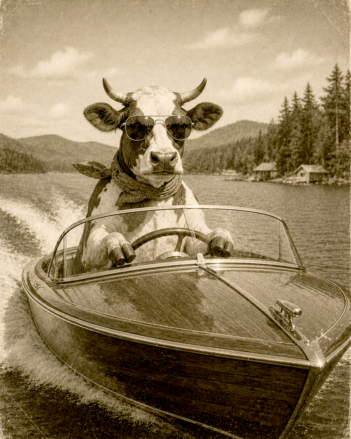 Cow Driving Vintage Wooden Speedboat Matted Print - Wholesale Retro Lake Life Art