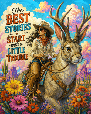 Cowgirl - The Best Stories Start with a Little Trouble Matted Art Print - Lowbrow Western Art