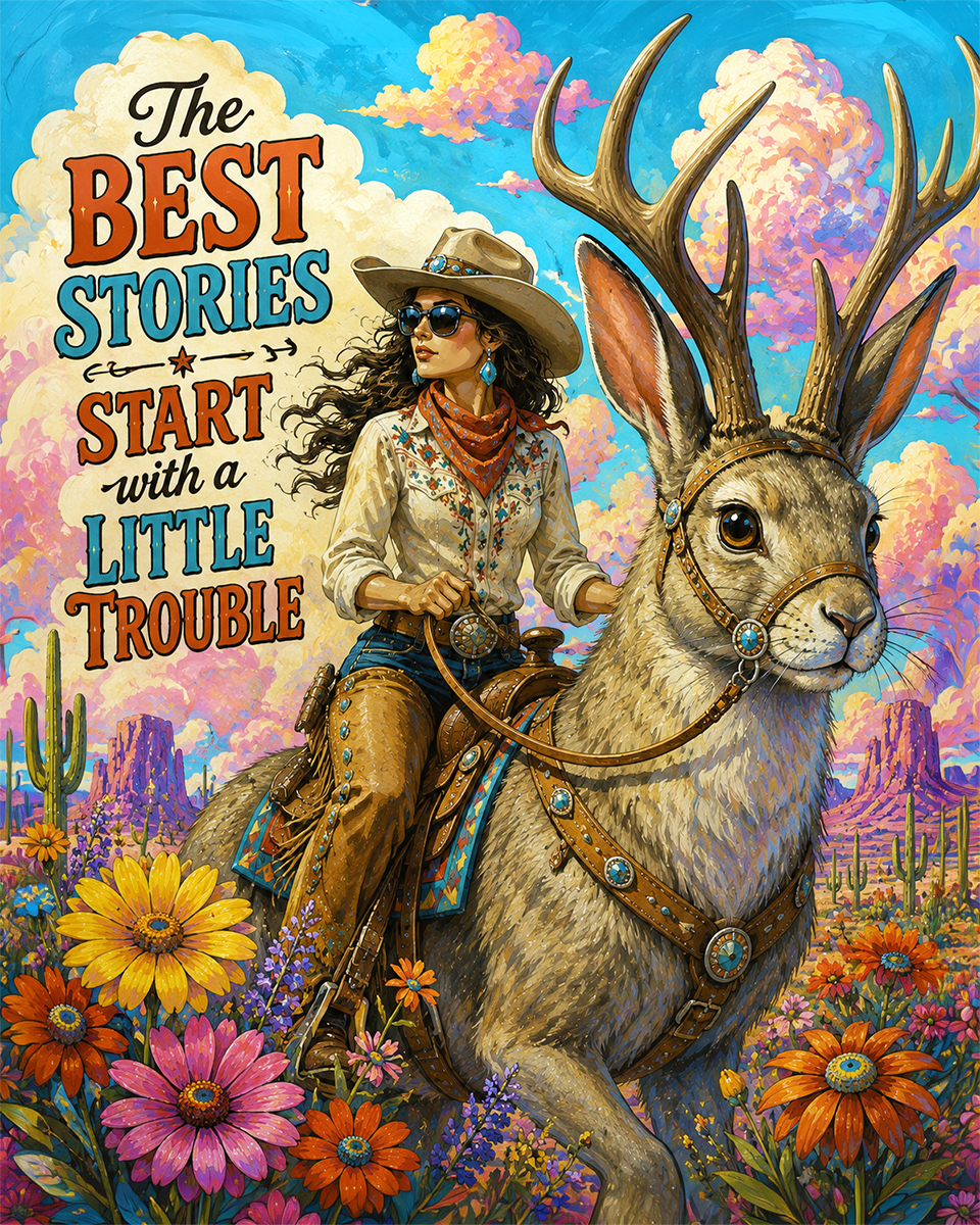 Cowgirl - The Best Stories Start with a Little Trouble Matted Art Print - Lowbrow Western Art
