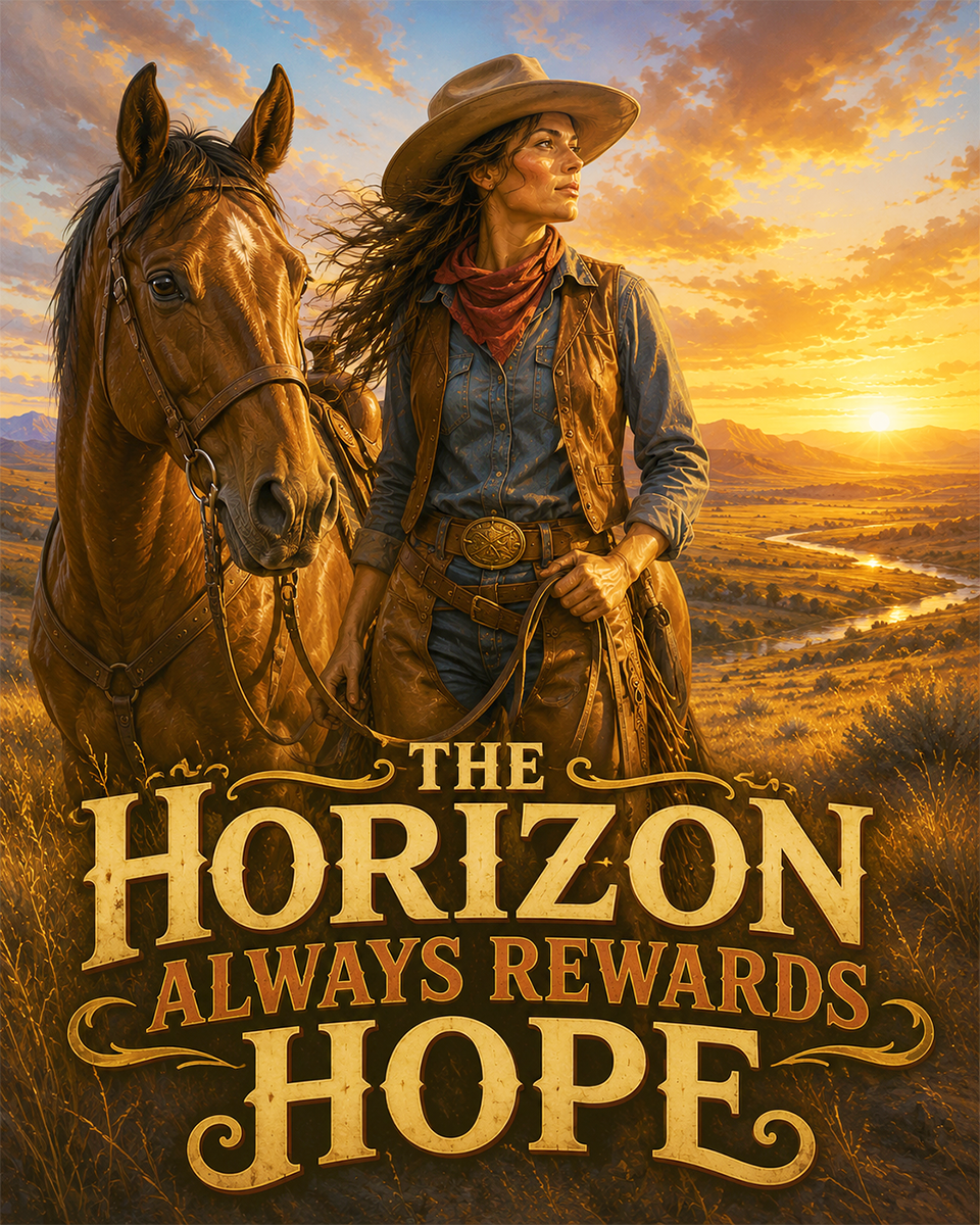 Cowgirl - The Horizon Always Rewards Hope Matted Art Print - Romantic Western Art