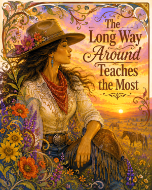 Cowgirl - The Long Way Around Teaches the Most Matted Art Print - Art Nouveau Western Wisdom Art
