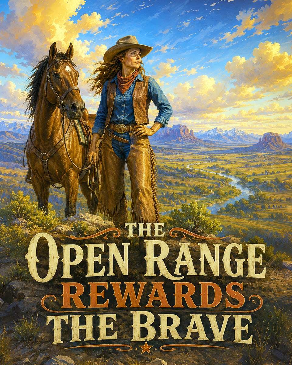 Cowgirl - The Open Range Rewards the Brave Matted Art Print - Storybook Western Wisdom Art