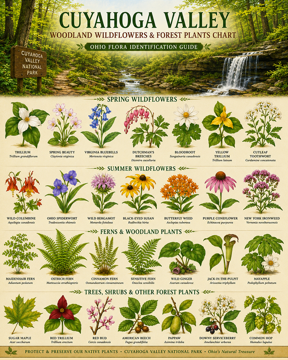 Cuyahoga Valley Woodland Wildflowers & Forest Plants Chart Matted Art Print - Ohio Flora Identification Guide