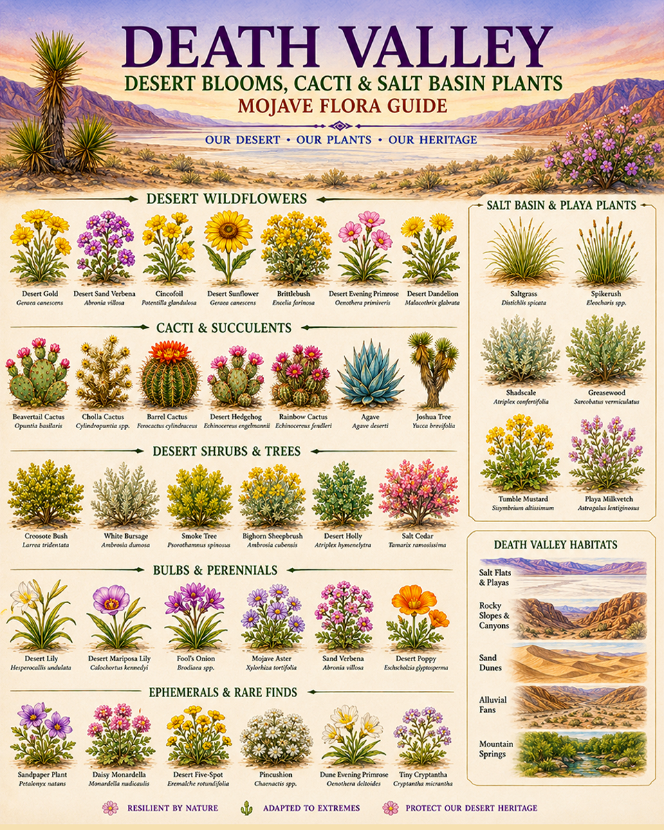 Death Valley Desert Blooms Cacti & Salt Basin Plants Chart Matted Art Print - Mojave Flora Guide