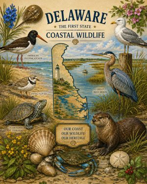 Delaware-Coastal-Wildlife-Matted-Art-PrintQQShore-Birds-and-Native-Animal-Collage