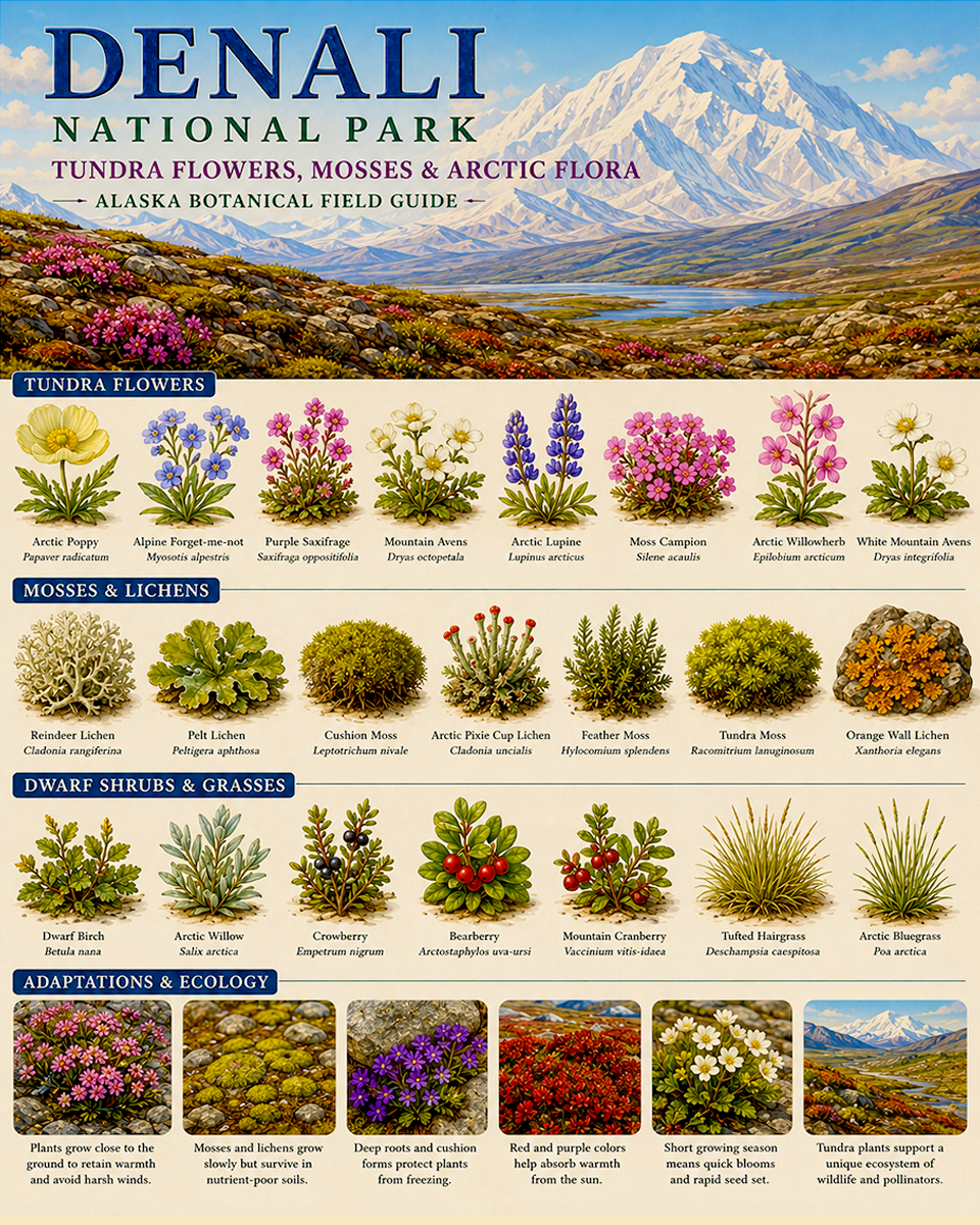 Denali Tundra Flowers Mosses & Arctic Flora Chart Matted Art Print - Alaska Botanical Field Guide
