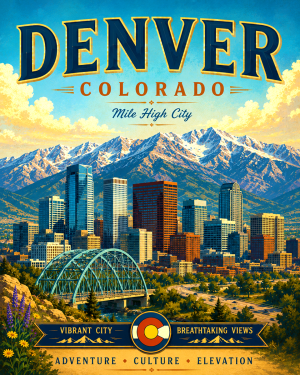 Denver Colorado Skyline and Mountains Matted Travel Art Print - Wholesale Mile High Decor