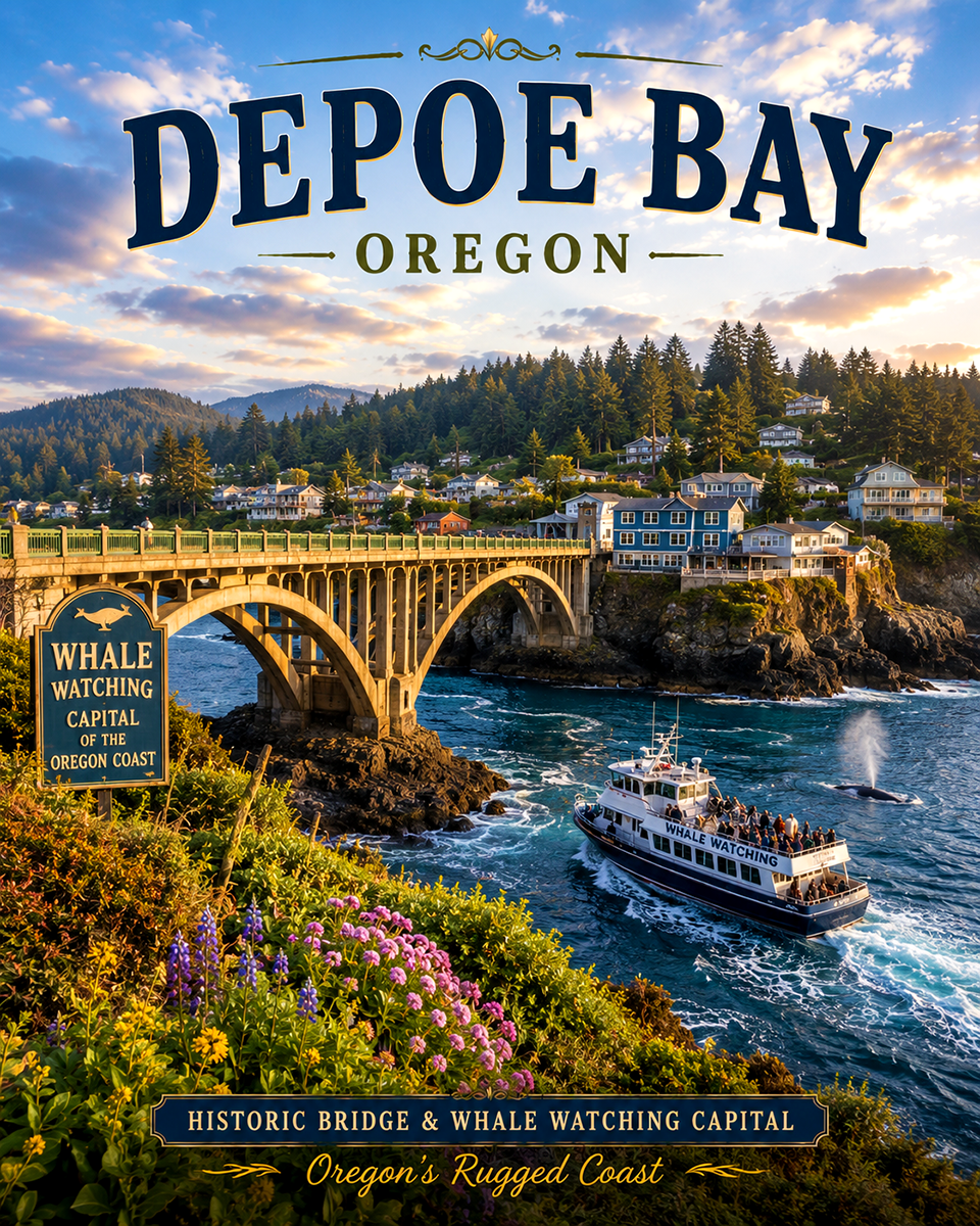 Depoe Bay Oregon Historic Bridge & Whale Watching Capital Matted Art Print - Wholesale Rugged Coast Souvenir