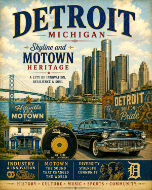 Detroit Michigan Skyline and Motown Heritage Matted Print - Wholesale Industrial & Cultural City Decor