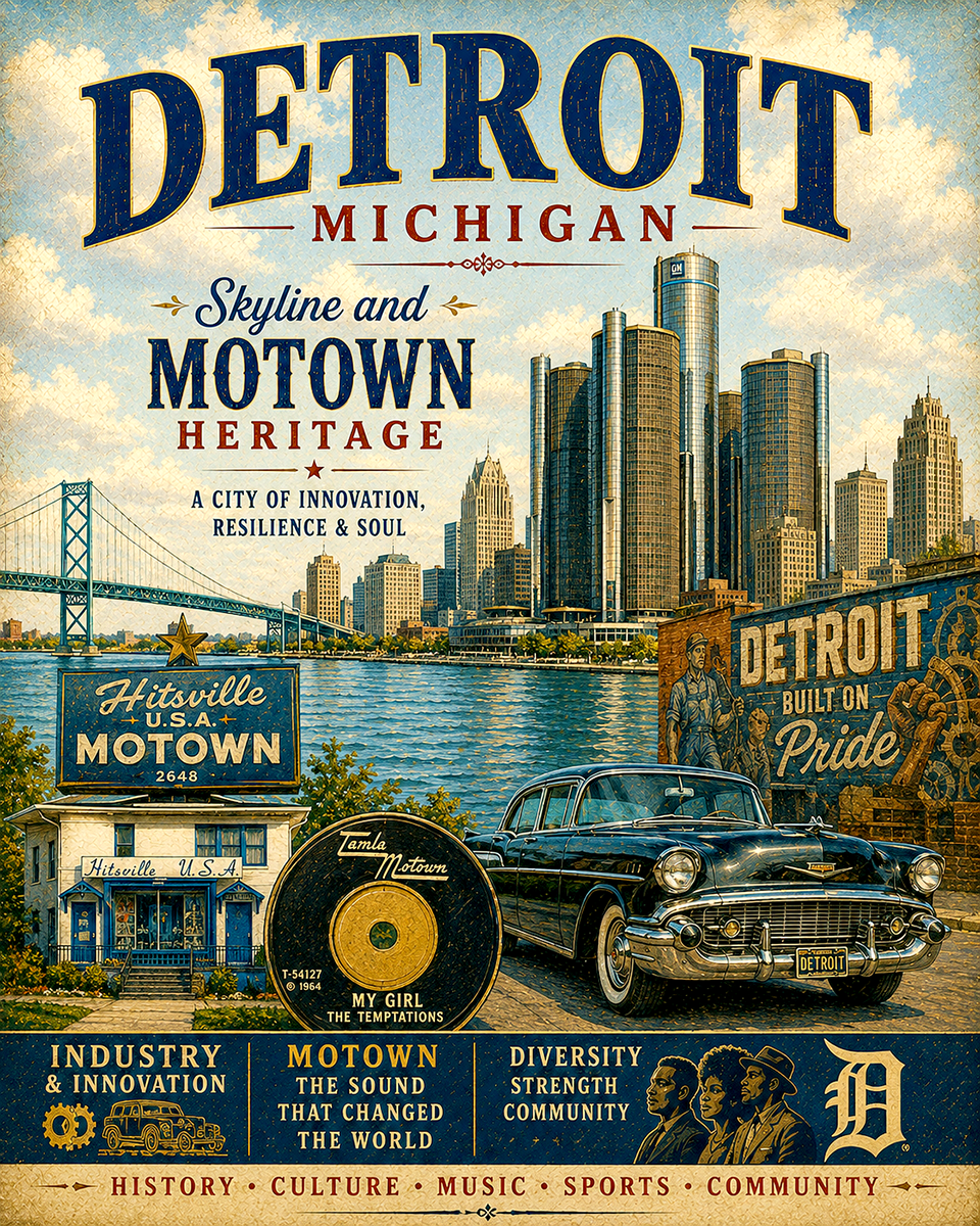 Detroit Michigan Skyline and Motown Heritage Matted Print - Wholesale Industrial & Cultural City Decor