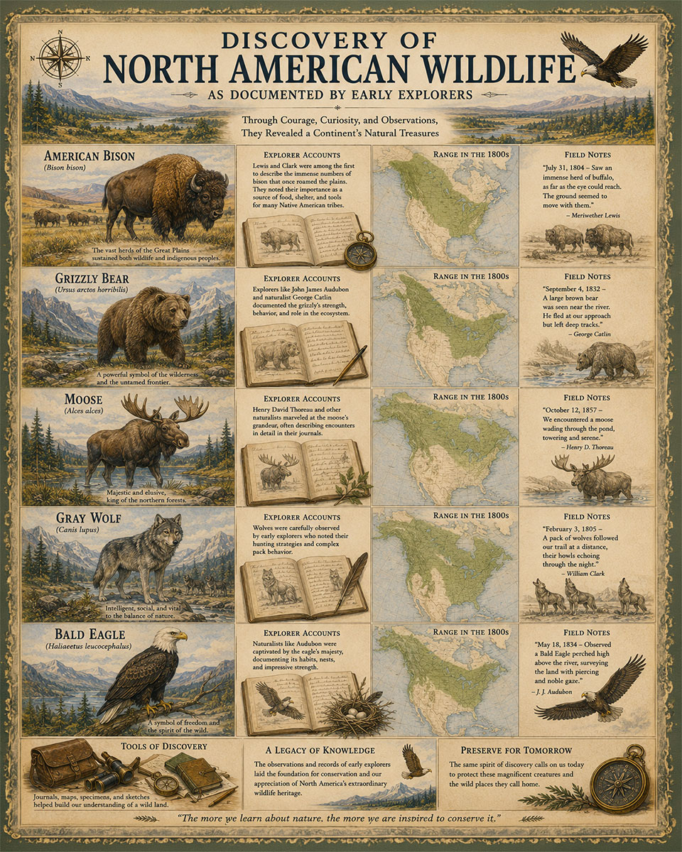 Discovery of North American Wildlife Matted Art Print - Natural History Discovery Chart