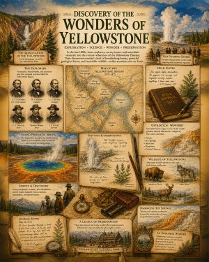 Discovery of the Wonders of Yellowstone Matted Art Print - National Park Exploration Chart