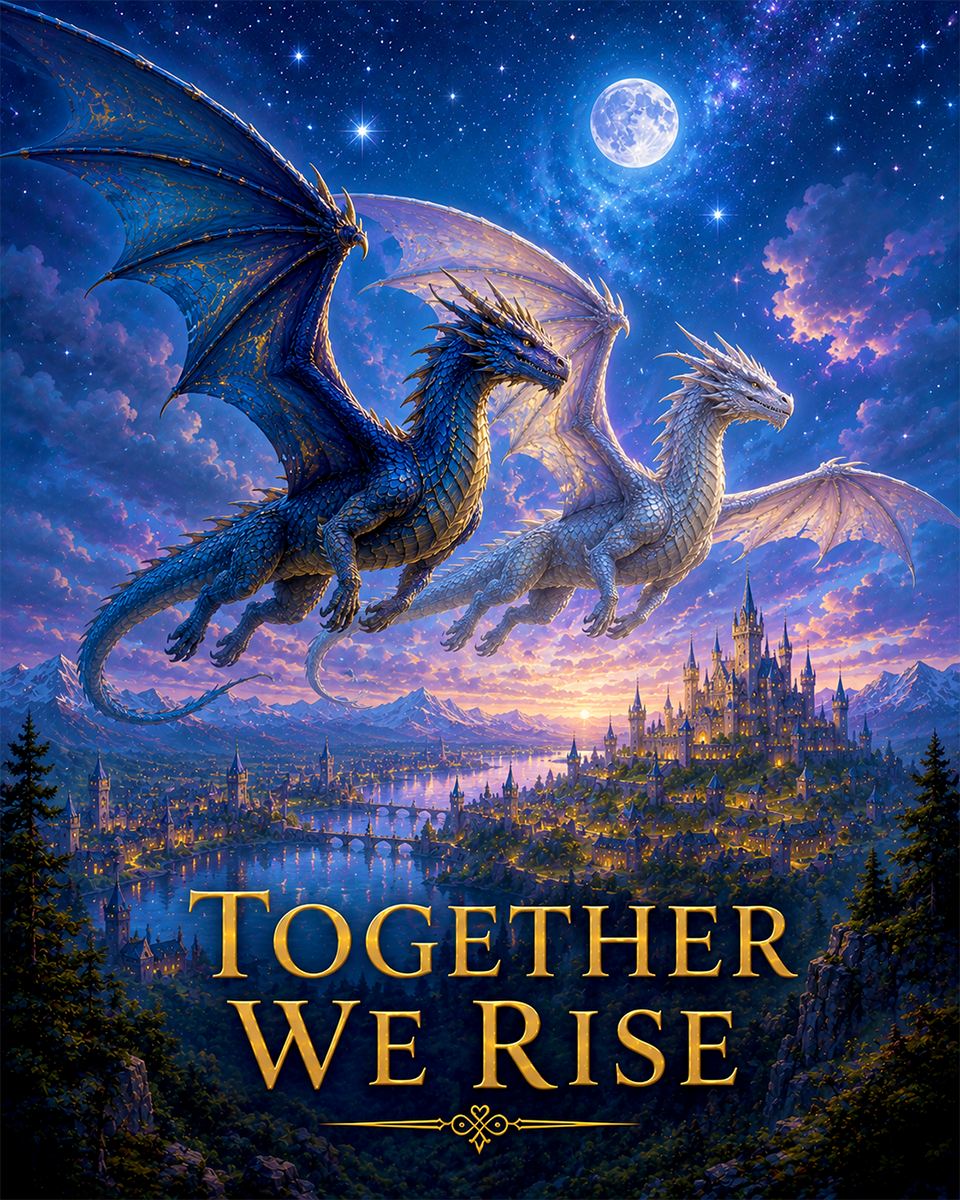 Dragon Couple Wall Art Matted Art Print - Together We Rise Fantasy Love Decor