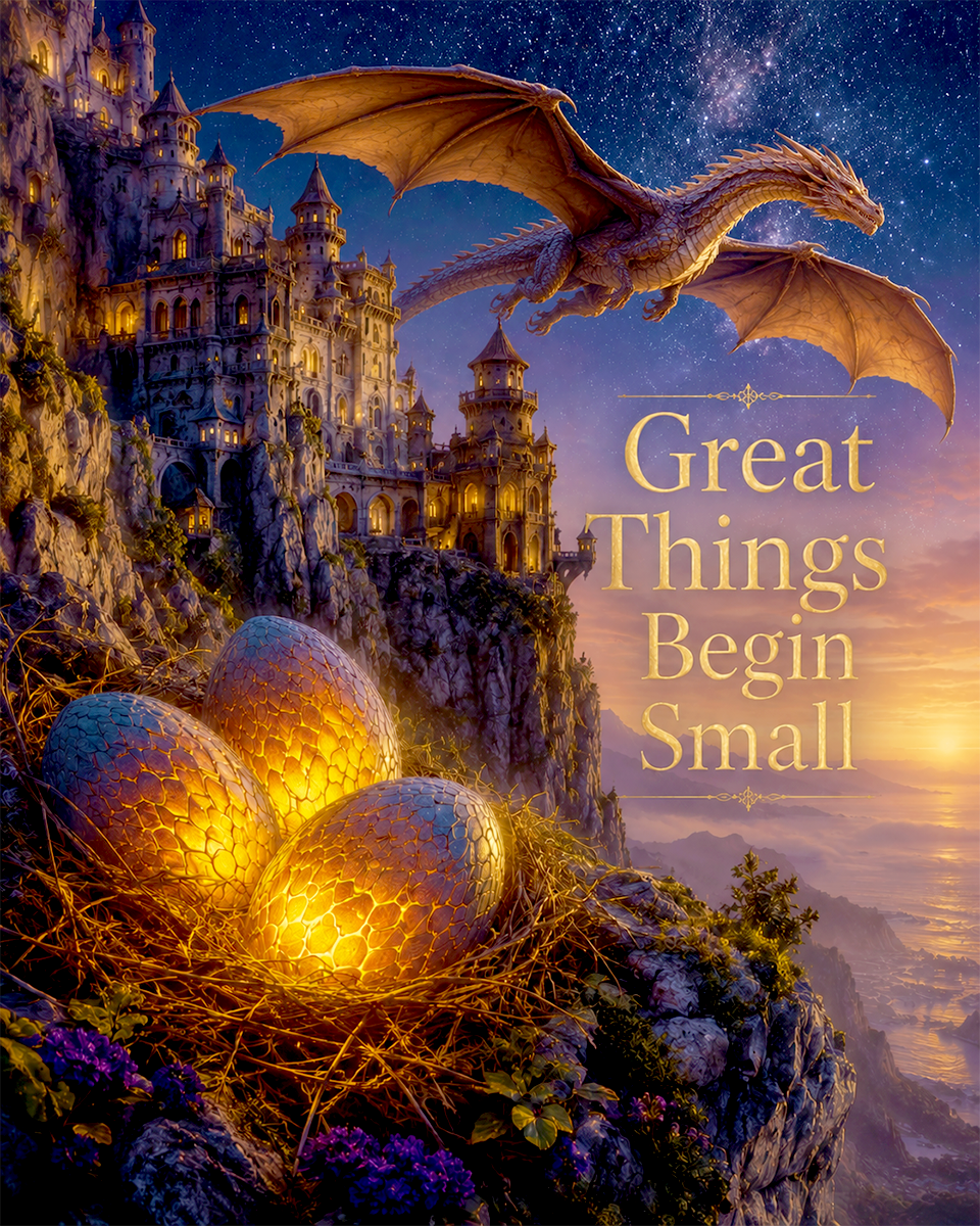 Dragon Egg Wall Art Matted Art Print - Great Things Begin Small Fantasy Inspiration Decor