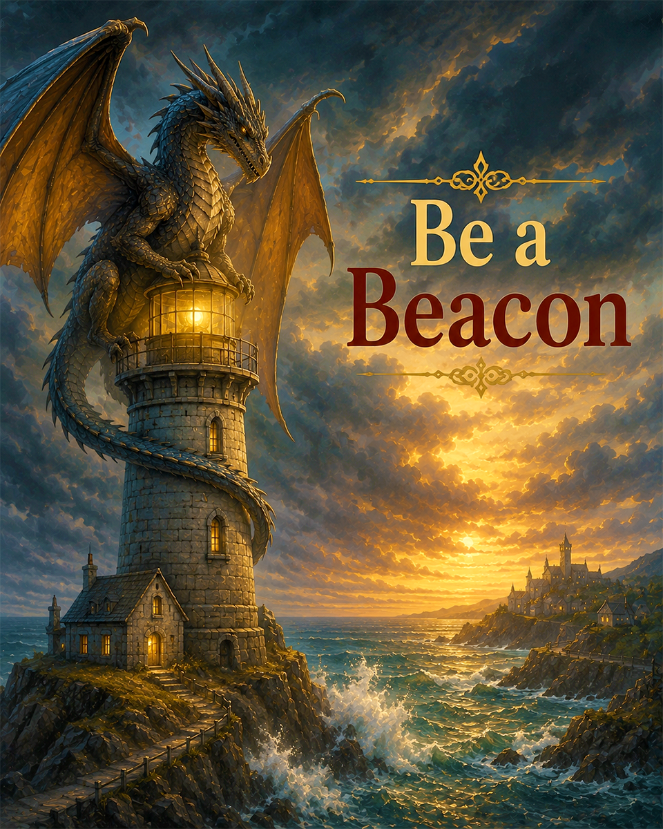Dragon Lighthouse Wall Art Matted Art Print - Be a Beacon Coastal Fantasy Decor