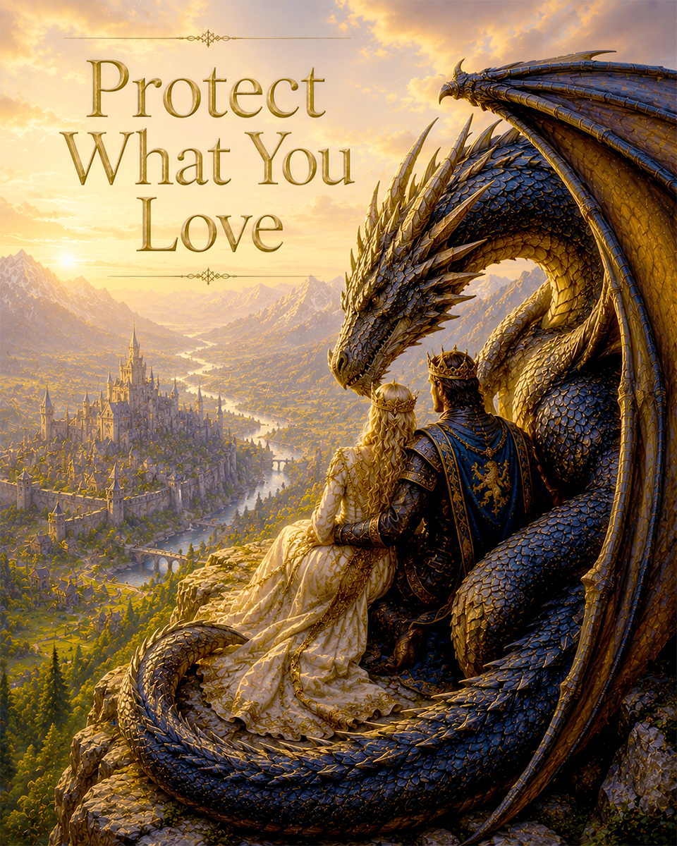 Dragon Romance Wall Art Matted Art Print - Protect What You Love Fantasy Kingdom Decor