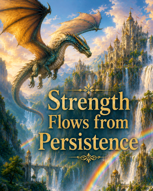 Dragon Waterfall Castle Wall Art Matted Art Print - Strength Flows from Persistence Fantasy Decor