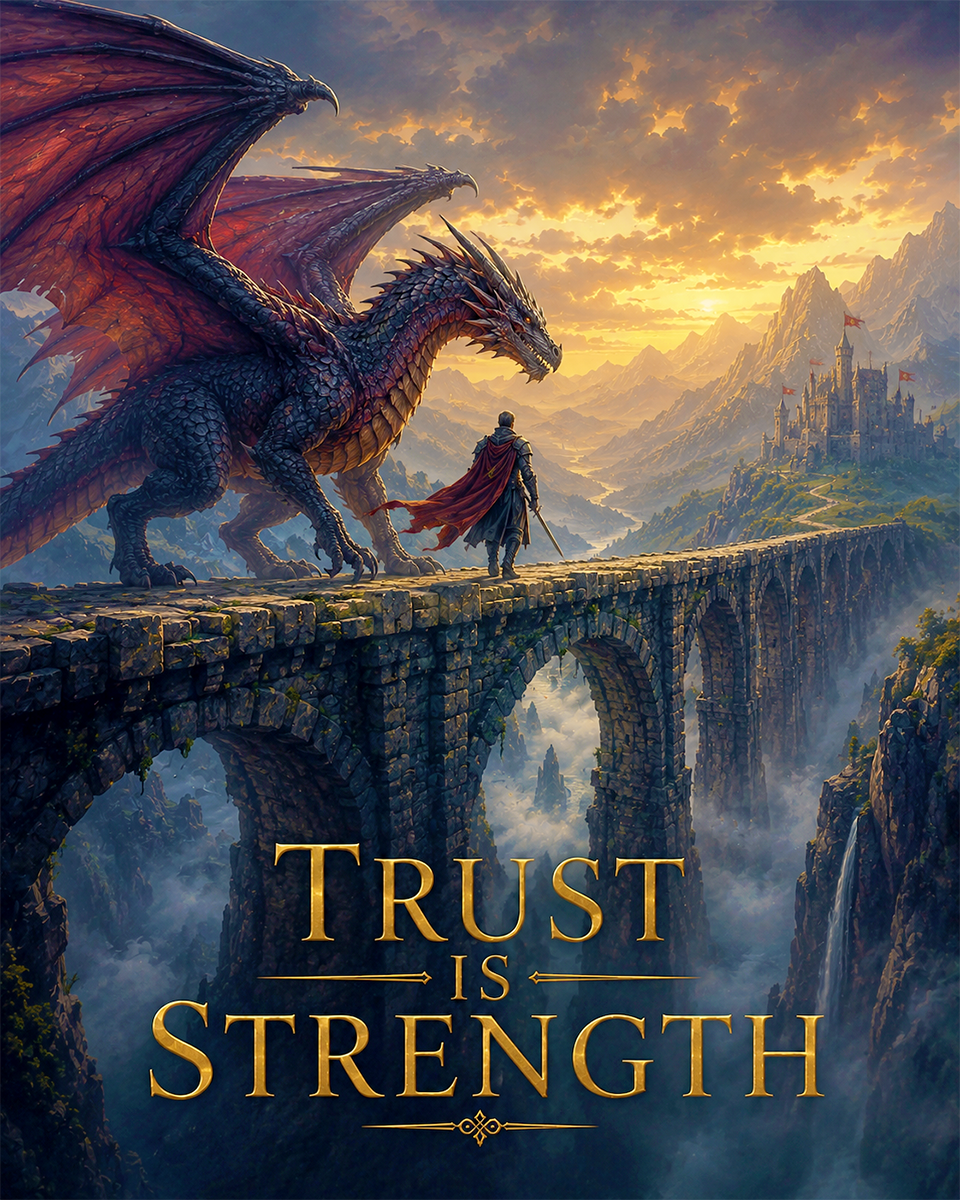 Dragon and Warrior Wall Art Matted Art Print - Trust Is Strength Fantasy Adventure Decor