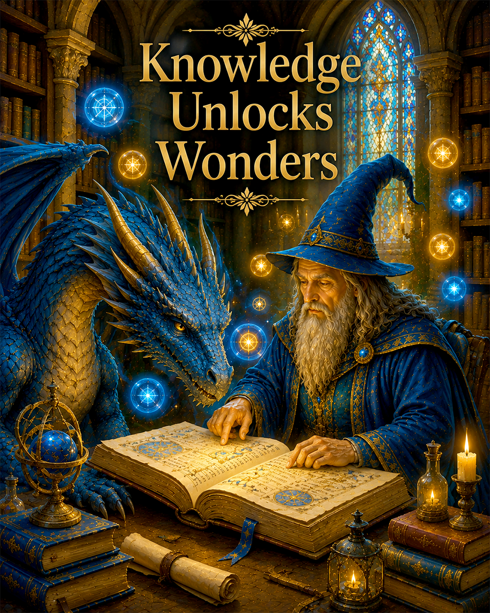 Dragon and Wizard Wall Art Matted Art Print - Knowledge Unlocks Wonders Medieval Fantasy Decor