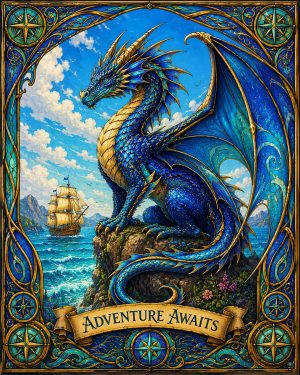 Dragon of the Sapphire Seas - Adventure Awaits - Matted Art Print