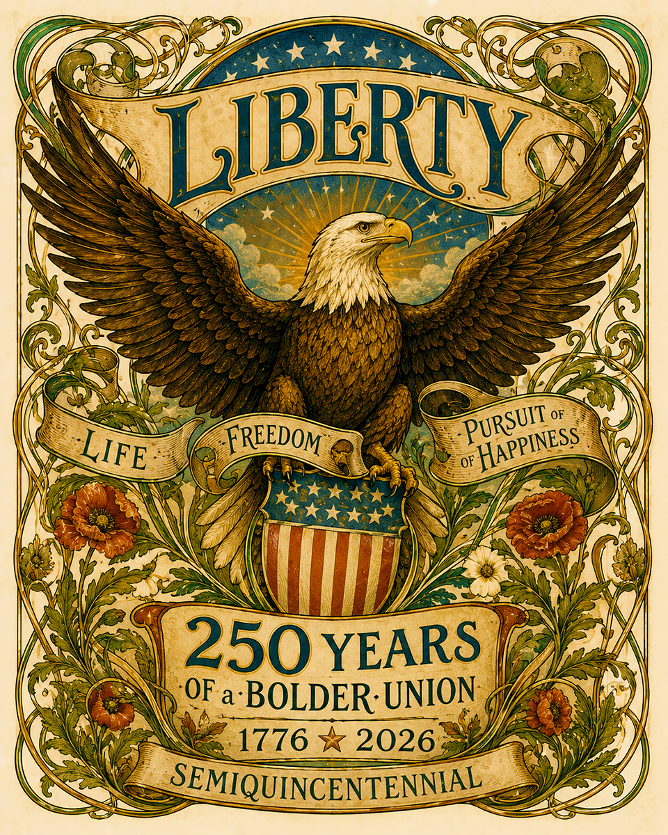 Eagle and 'LIBERTY' Banners Art Nouveau Semiquincentennial Matted Print