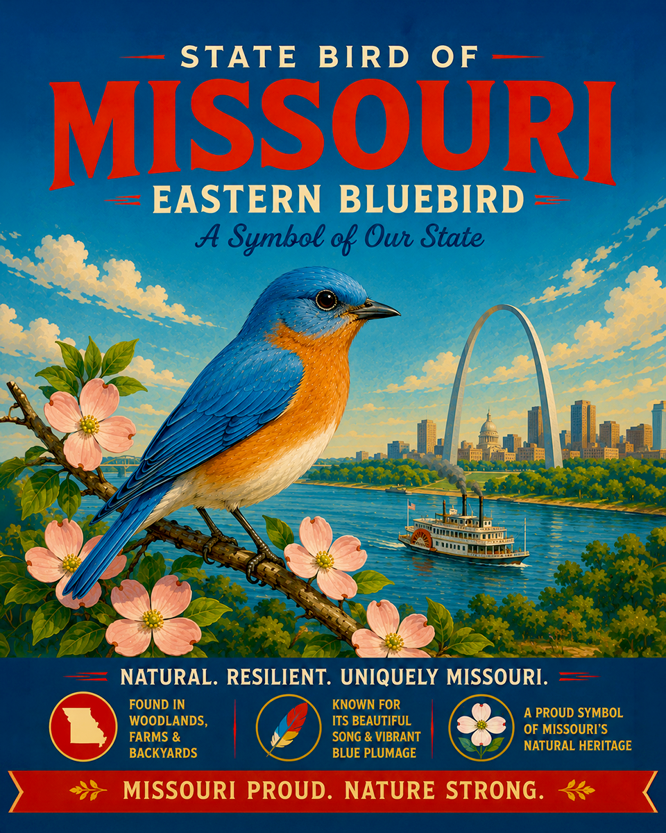 Eastern Bluebird Missouri State Bird Matted Art Print - Peaceful Garden Songbird Art for Soft Floral Interiors