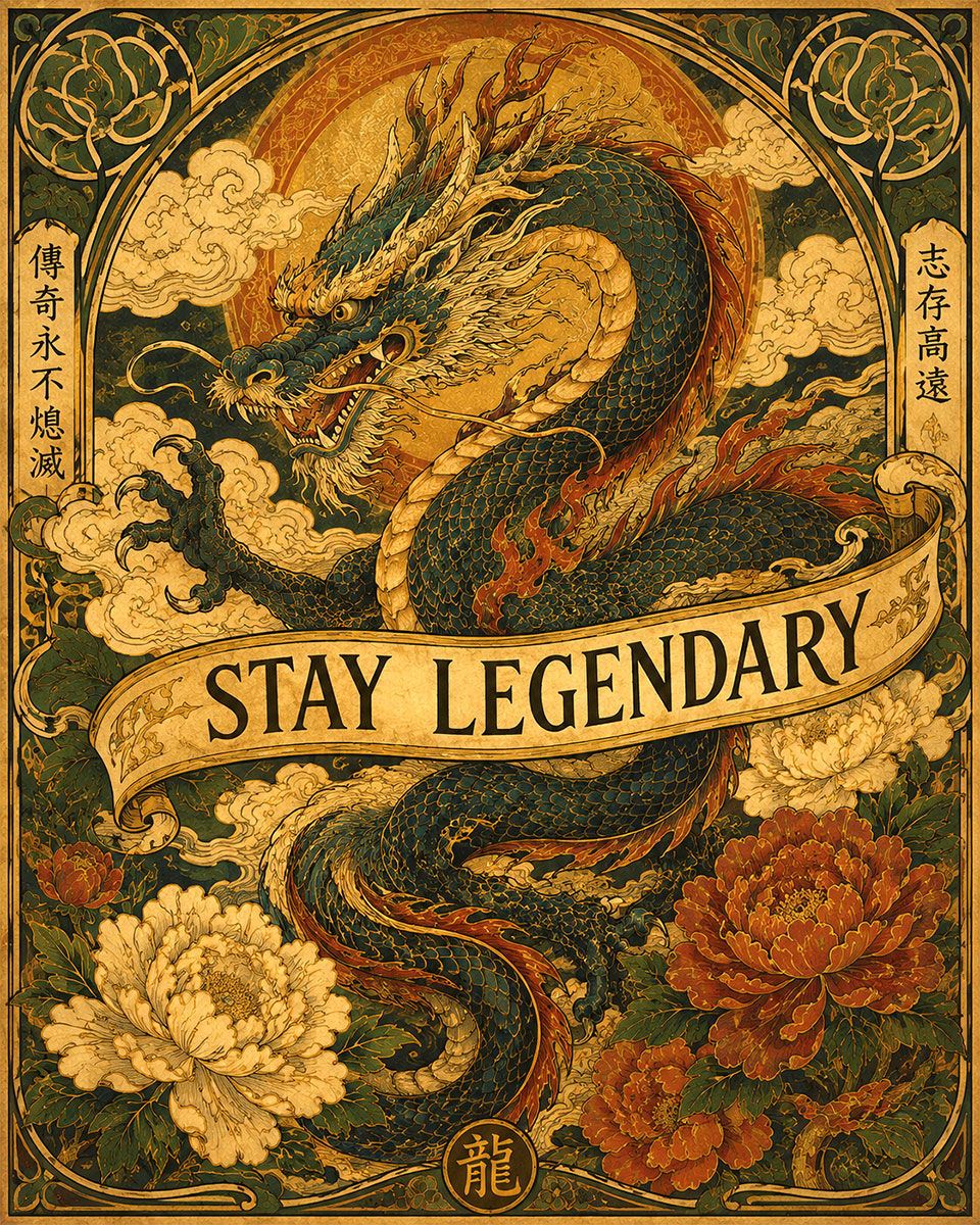 Eastern Dragon - Stay Legendary - Art Nouveau Matted Art Print