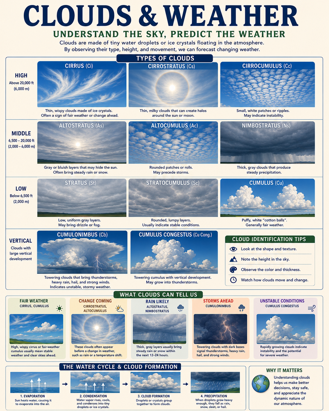 Educational Chart of Cloud Types and Weather Prediction Matted Art Prints for Classrooms
