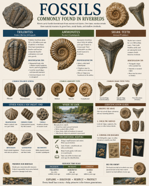 Educational Chart of Fossils Commonly Found In Riverbeds - Trilobites - Ammonites - Shark Teeth and Fossil Identification Notes Matted Art Prints for Classrooms
