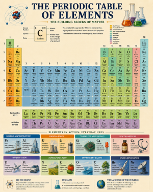 Educational Poster Explaining the Periodic Table Of Elements - Artistic Chemistry Classroom Chart with Illustrated Scientific Uses Matted Art Prints for Classrooms