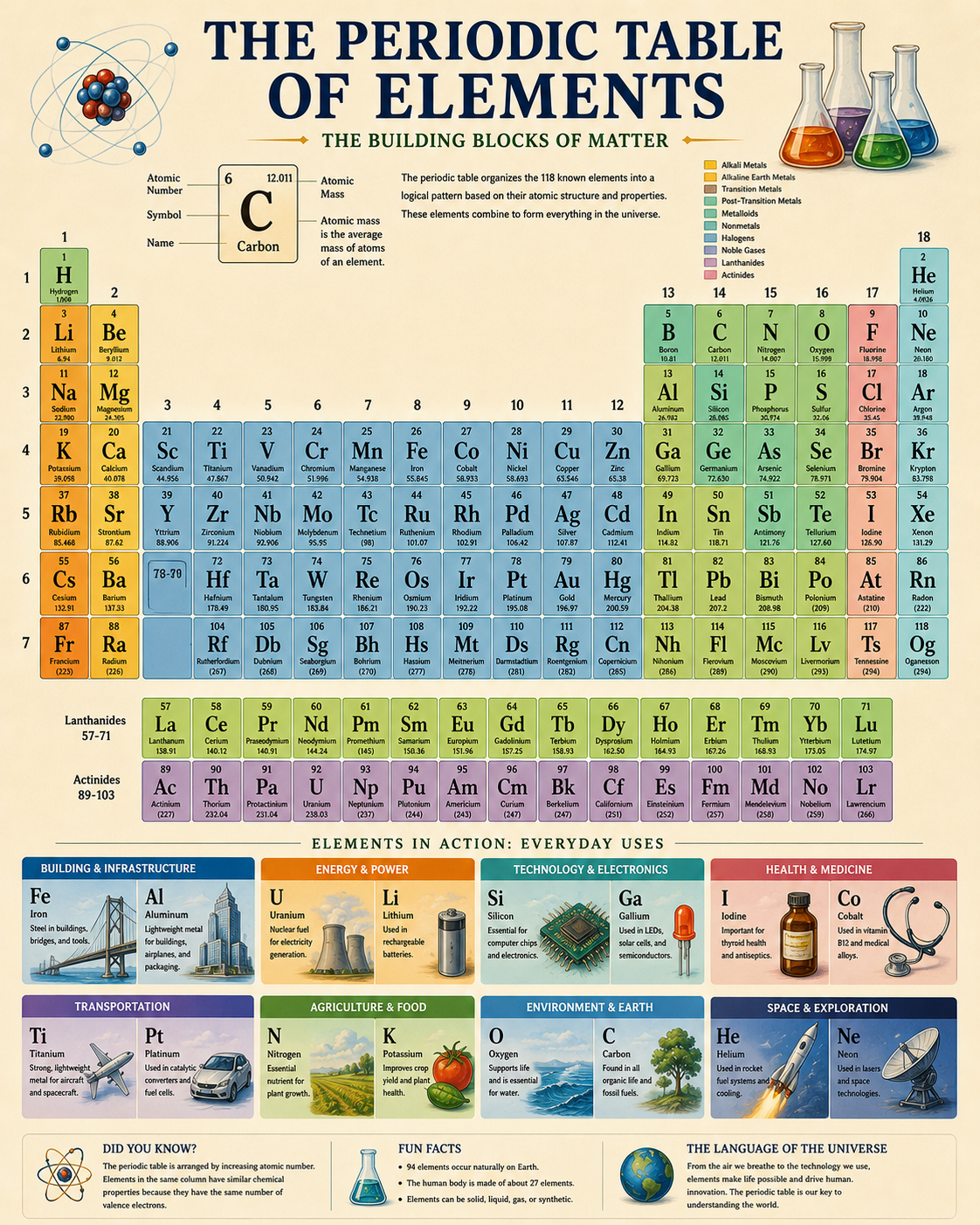 Educational Poster Explaining the Periodic Table Of Elements - Artistic Chemistry Classroom Chart with Illustrated Scientific Uses Matted Art Prints for Classrooms