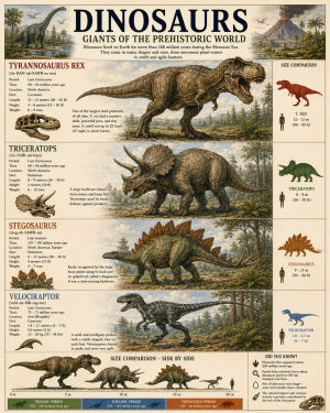 Educational Poster Showing Famous Dinosaurs with Size Comparisons - Tyrannosaurus - Triceratops - Stegosaurus and Velociraptor - Paleontology Classroom Chart Matted Art Prints for Classrooms
