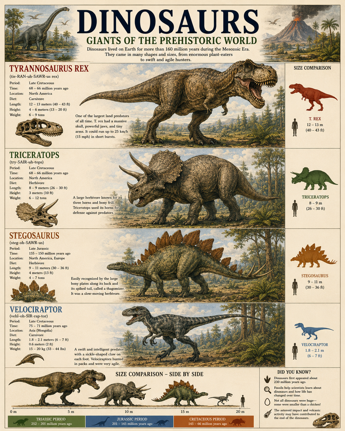 Educational Poster Showing Famous Dinosaurs with Size Comparisons - Tyrannosaurus - Triceratops - Stegosaurus and Velociraptor - Paleontology Classroom Chart Matted Art Prints for Classrooms