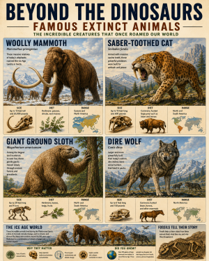 Educational Poster Showing Famous Extinct Animals Beyond Dinosaurs - Mammoths - Saber Toothed Cats - Giant Sloths and Dire Wolves - Paleontology Museum Chart Matted Art Prints for Classrooms
