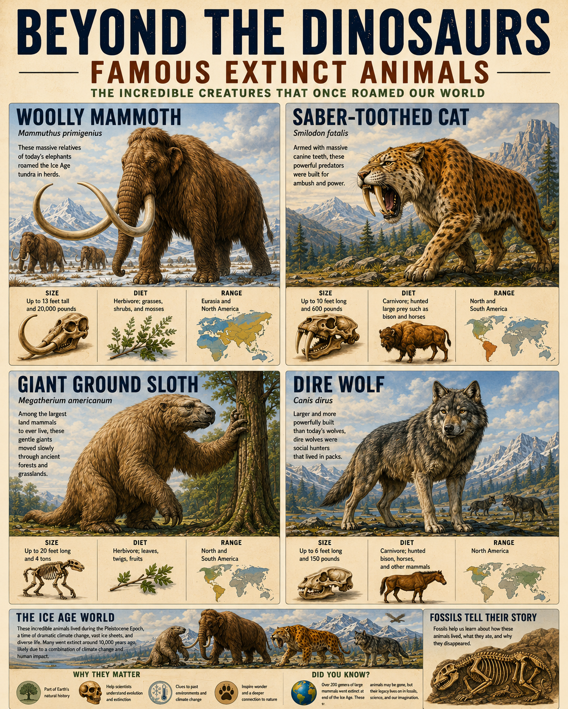 Educational Poster Showing Famous Extinct Animals Beyond Dinosaurs - Mammoths - Saber Toothed Cats - Giant Sloths and Dire Wolves - Paleontology Museum Chart Matted Art Prints for Classrooms
