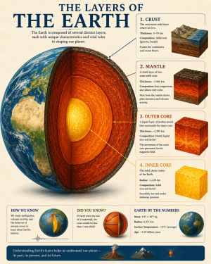 Educational Poster Showing the Layers of the Earth - Crust - Mantle - Outer Core and Inner Core Matted Art Prints for Classrooms